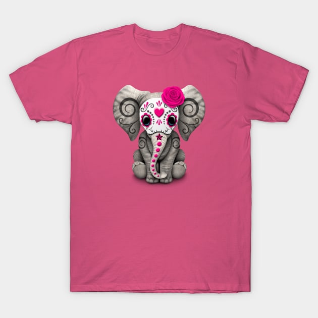 Pink Day of the Dead Sugar Skull Baby Elephant T-Shirt by jeffbartels